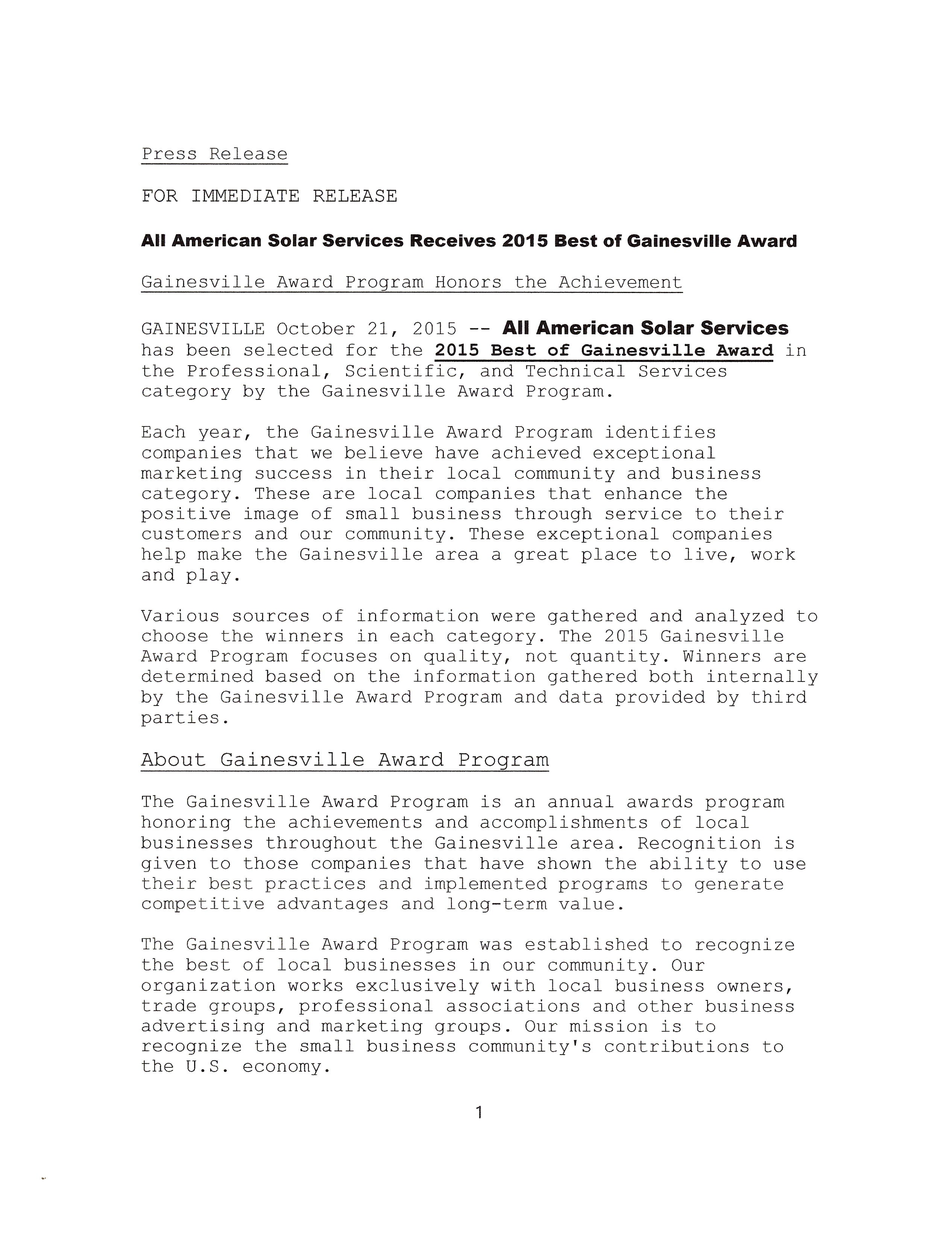 Best of Gainesville Award