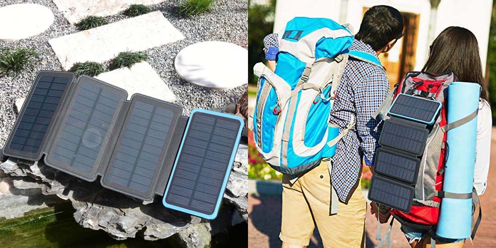 The Hiluckey solar phone charger spread out on a rock with its four solar panels on display.  