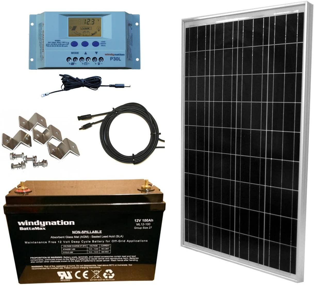  WindyNation 100 Watt Solar Panel Complete Off-Grid RV Boat Kit with P30L LCD PWM Charge Controller, Solar Cable, Mounting Brackets + 100Ah AGM Deep Cycle