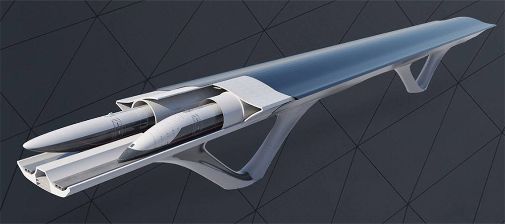 Sleek hyperloop trains emerging from a tunnel capsule. The tunnel is covered by a curved solar panel roof
