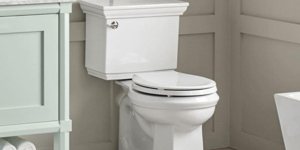 A new toilet installed in a bathroom
