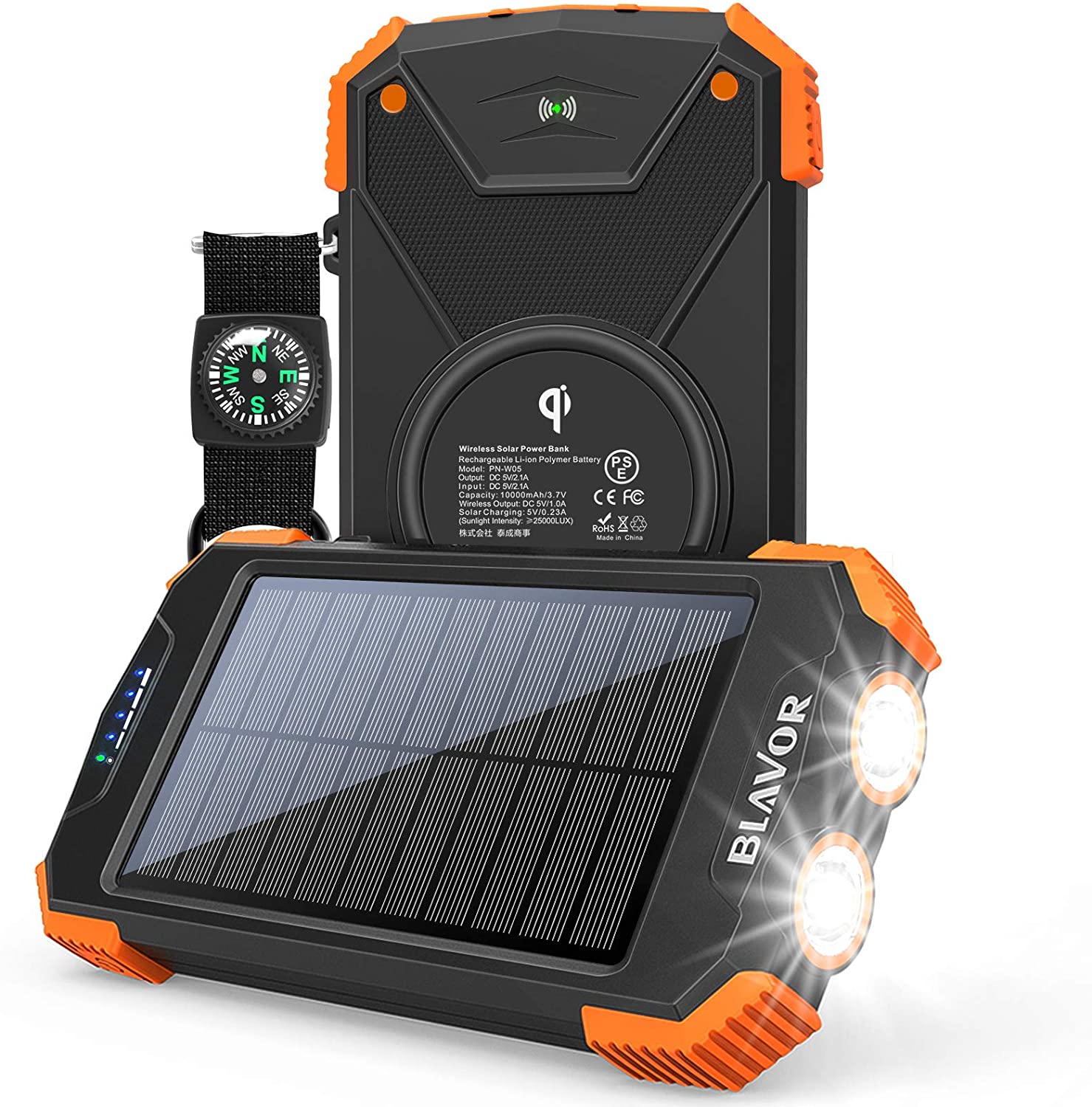 blavor Solar Power Bank, портативное зарядное устройство Qi Внешний аккумулятор на 10 000 мАч Входной порт типа C Двойной фонарик, компас, зарядка от солнечной панели (оранжевый)