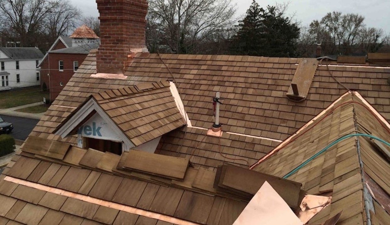 Copper strips on a residential roof