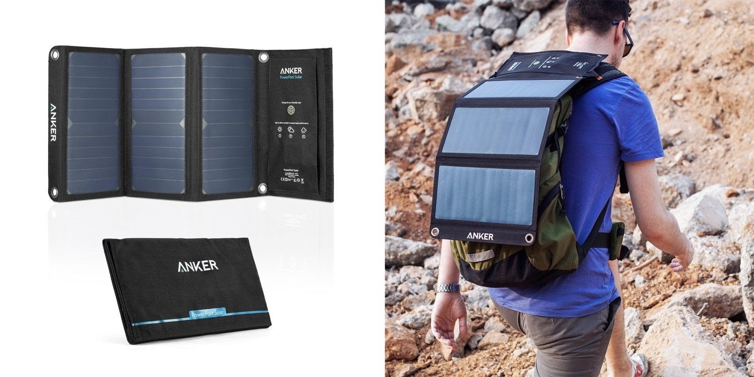 Показаны три солнечные панели зарядного устройства для сотового телефона Anker. Мужчина идет пешком с зарядным устройством для мобильного телефона Anker, прикрепленным к его рюкзаку.