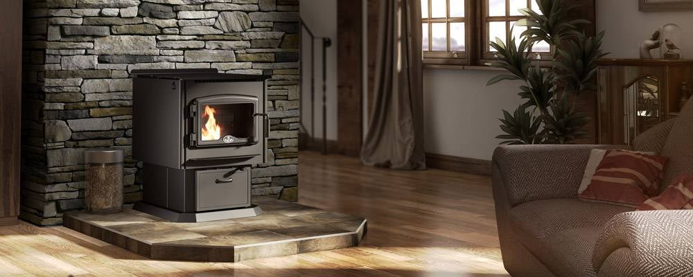Wood pellet stove in stylish lounge