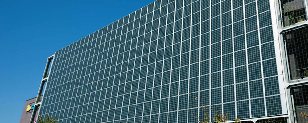 A building with BIPV (Building Integrated Photovoltaics)