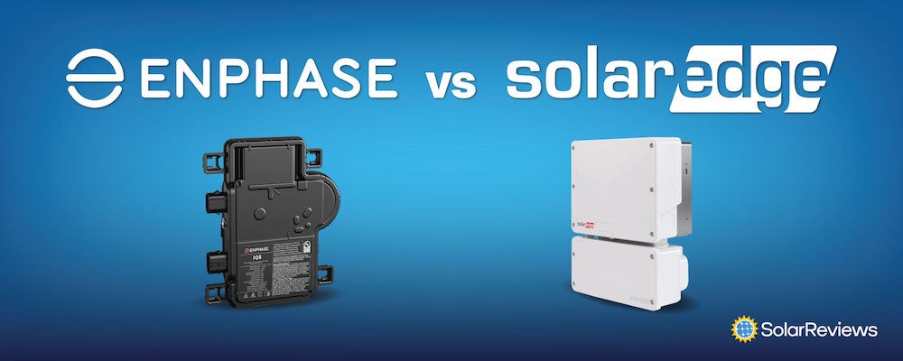 Enphase vs. SolarEdge batteries on a blue background
