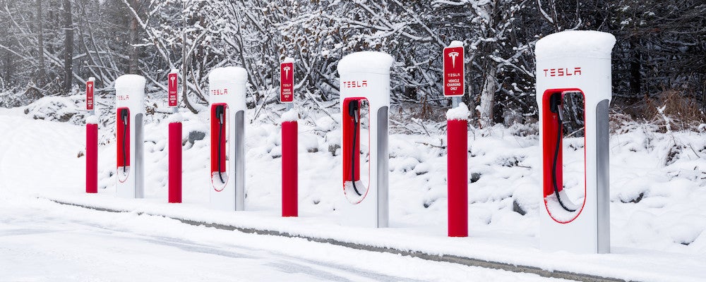 Tesla superchargers in the snow