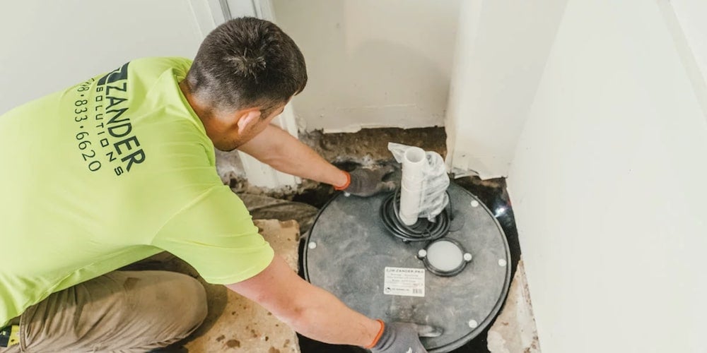 Professional installing a sump pump in a residential home