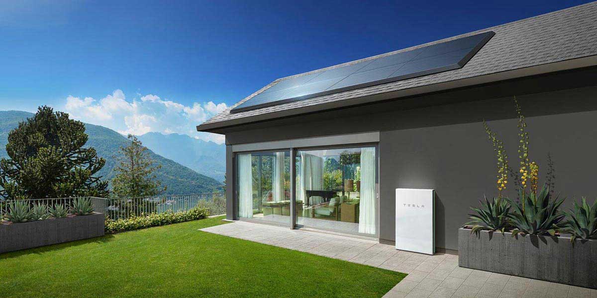 A 3D rendering of a home overlooking a mountain with Tesla solar panels and a Tesla Powerwall affixed to the home